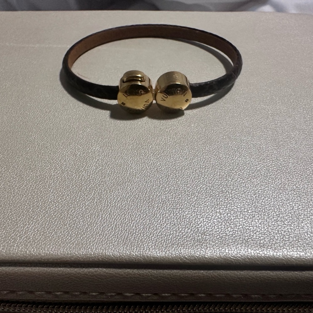 Louis Vuitton Black Leather Bracelet with Gold Clasp